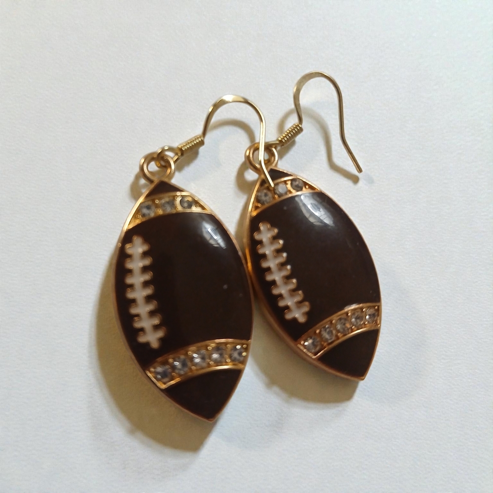 Gold and Brown Football Earrings With Crystal Stones